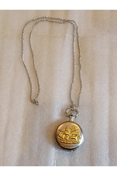 Butik Tülin Unisex Authentic Silver Gold Sailing Ship Cased Pocket Watch Neck...