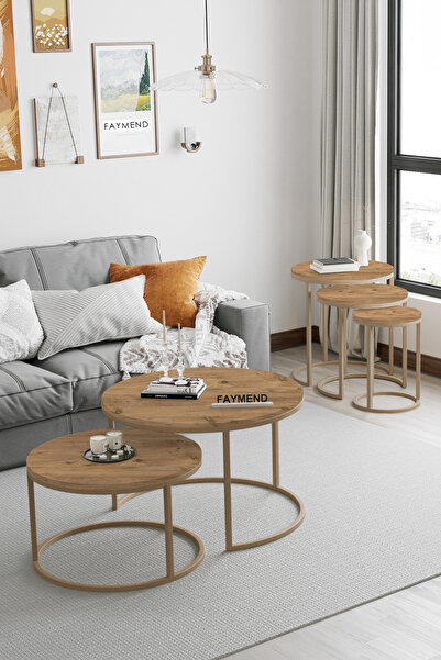 FAYMEND PLATOON 2li Orta Sehpa & Zigon Sehpa Seti 'Capicino atlas çam' ( takım 3+2 )