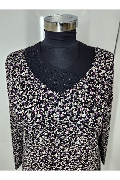 HESNA Kadın Büyük Beden Yakası Taş Detaylı Siyah Anne Elbisesi