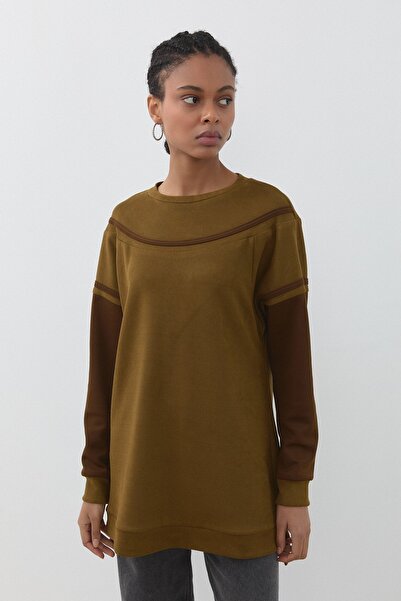 Nihan Şerit Detaylı Cupra Süet Sweat Olive