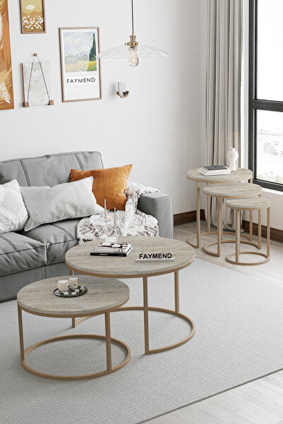 FAYMEND PLATOON 2li Orta Sehpa & Zigon Sehpa Seti 'Capicino - TRAVERTEN ' ( takım 3+2 )