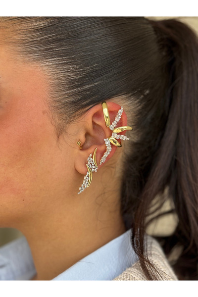 plnstudio Damla Zirkon Taşlı Yaprak Model Kulağa Geçirmeli Küpe