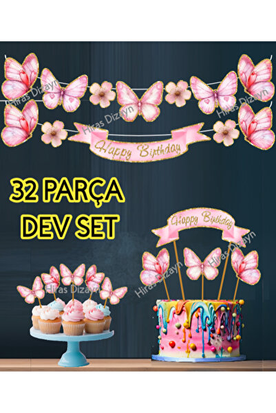 Hiras Dizayn 32 Pieces Butterfly Themed Gold Glitter Birthday Decoration Bann...