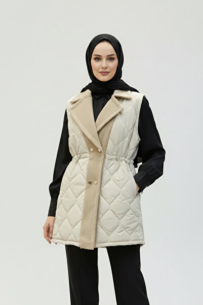 Modatuğsem Baklava Desen Premium Kaşe Detaylı Yelek Bej