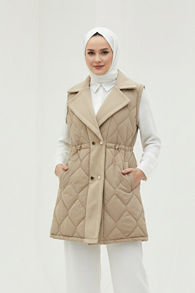 Modatuğsem Baklava Desen Premium Kaşe Detaylı Yelek Vizon