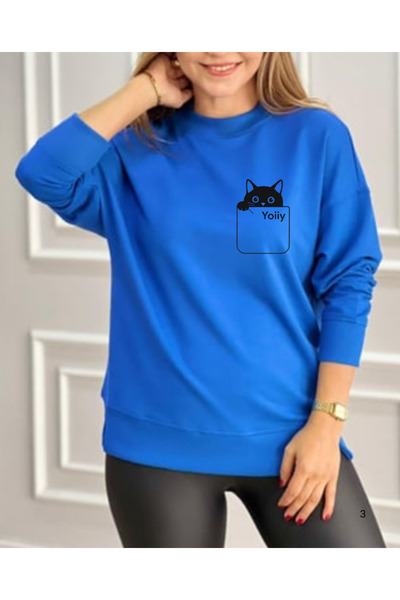 shi dumanlar giyim Unisex Oversize Cepten Çıkan Siyah KEDİ Bisiklet Yaka Swea...