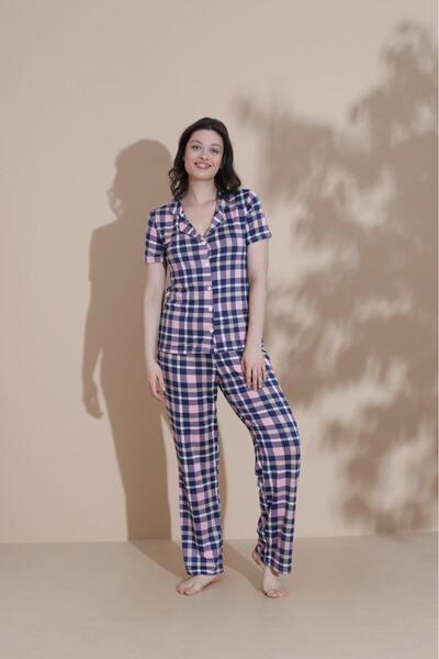 FİT WOMEN PAMUKLU ÇİZGİ KARE DESENLİ DÜĞMELİ KISA KOLLU PİJAMA TAKIMI 19003