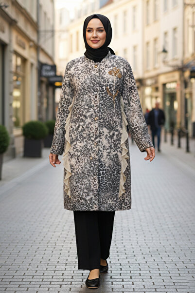 Lale Butik Leopard Pattern Ruffle and Stone Detail Design Jacket 6334 Brown