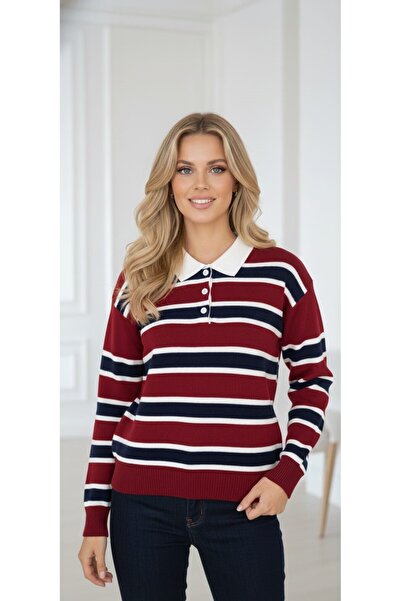 ZARİNCE LİFE سترة نسائية محبوكة مخططة بياقة بولو وأزرار