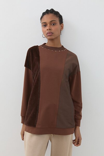 Nihan Peluş ve Kumaş Mixli Spor Sweat Kahve