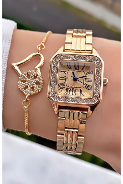 Merand Brand Gold Color Square Small Case Women's Wristwatch - with Bracelet Gift