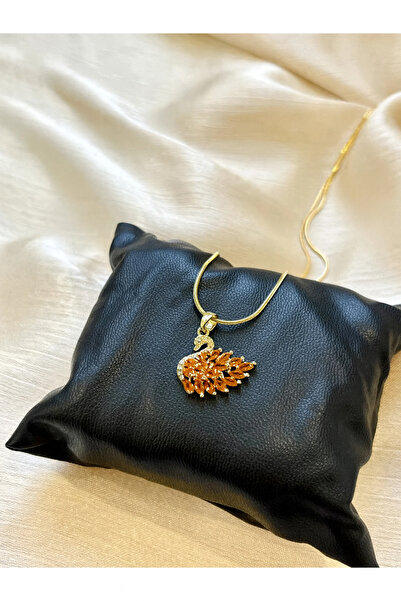 Gunessa Kuğu Figürlü Altın Renk Çelik Kolye Turuncu Zirkon Taşlı Kadın Kolye