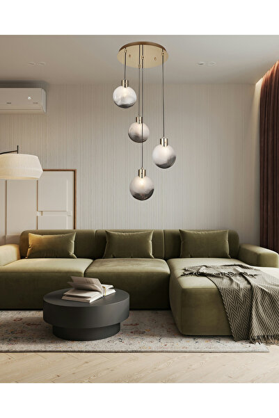 MİRAN HOME Modern Gold-Oval Cam 4Lü Sarkıt Avize/Modern 4Lü Sarkıt Avize