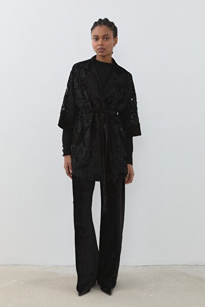 Nihan Dantelli Kadife Pantolon Ceket Takım Siyah