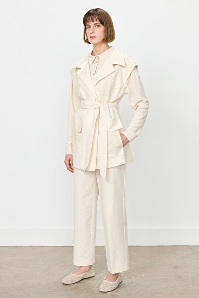 Nihan İşlemeli Keten Yelek Pantolon Takım Bej