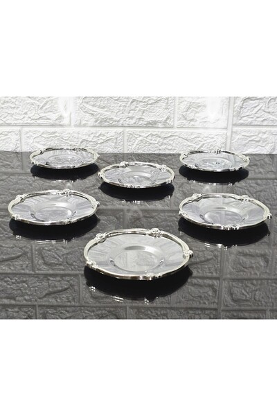 atabey home collection طقم 6 أطباق شاي معدنية مع إطار وردي فضي اللون، قطر الداخلي للطبق 5.5 سم - قطر إجمالي 12 سم