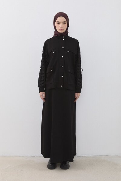 Nihan File Detaylı Örme Etek Ceket Takım Siyah