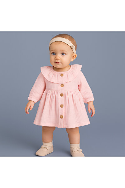 UrazBebe %100 Pamuk Kız Bebek Müslin Fırfırlı Elbise Pembe