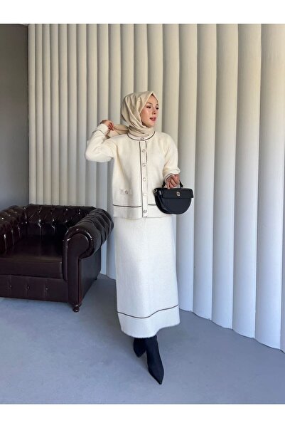 PİNK FLY Angora Fabric Crew Neck Buttoned Skirt Suit