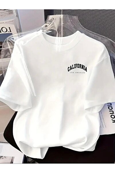 Oceanwear California Baskılı Bisiklet Yaka Düz Beyaz Owersize T-Shirt