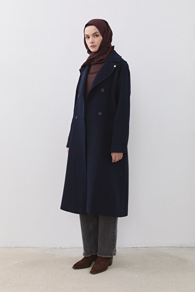 Nihan Kuşaklı Kruvaze Kaban Lacivert