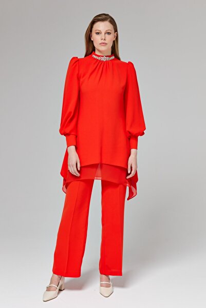 Nihan Taş Detaylı Pantolon Tunik Takım Oranj