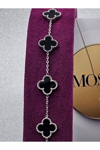 Mosso Steel Siyah Çelik Bileklik Gümüş Renk Yoncalı Model