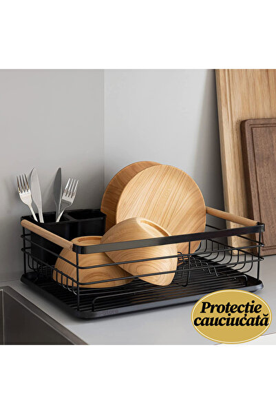 Callena Dish Rack, vintage, cutlery holder and bamboo handles, black, 43x32x1...