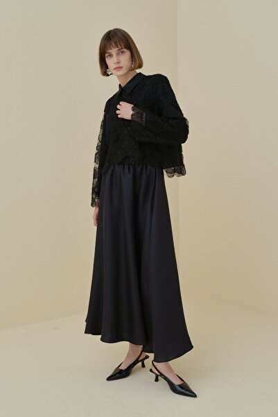 Nihan İncili Etek Bluz Dantel Takım Siyah