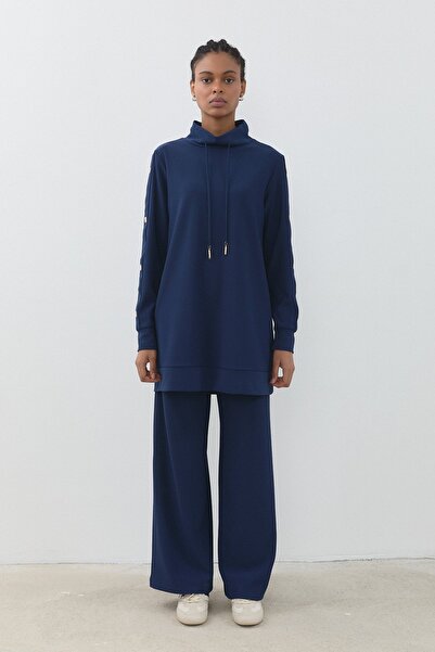 Nihan Parlak Taş Detaylı Örme Pantolon Tunik Takım Lacivert