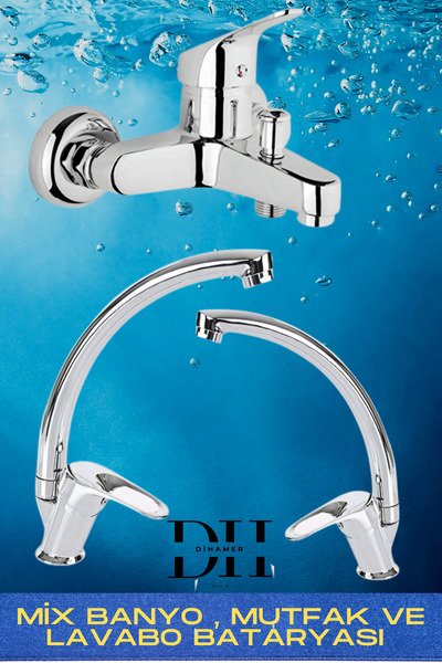 Dihamer Krom Mix 3'lü Banyo Batarya Seti Duş Mutfak Lavabo Bataryası El Yıkam...