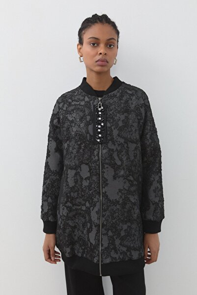 Nihan Ribana Detaylı Jakarlı Ceket İndigo