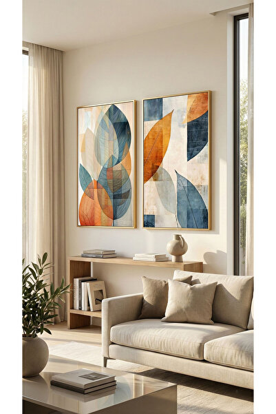 Linacci Set of 2 Gold Metal Frame Blue Orange Abstract Glass Poster Paintings