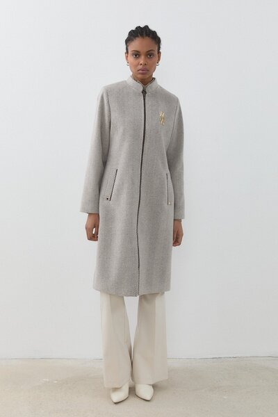 Nihan Aksesuar Detaylı Balıksırtı Kaban Kahve