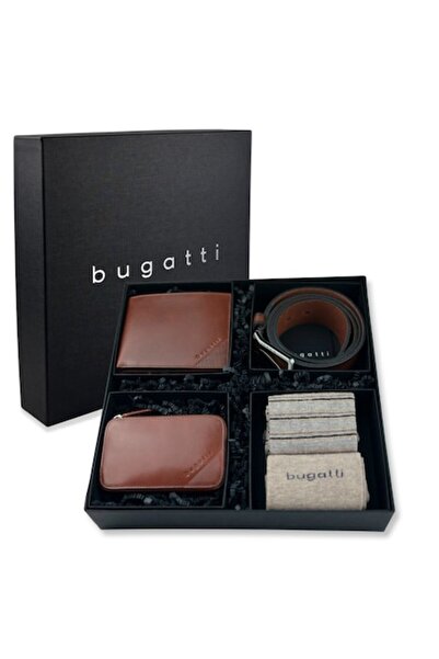 BUGATTI Luxury Gift Set for Men — Wallet, Belt, Key Holder, Socks (Cognac Brown)