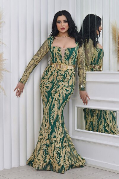 Helen Fashion Mop Baskılı Simli Dekolteli Kemerli Uzun Balık Abiye