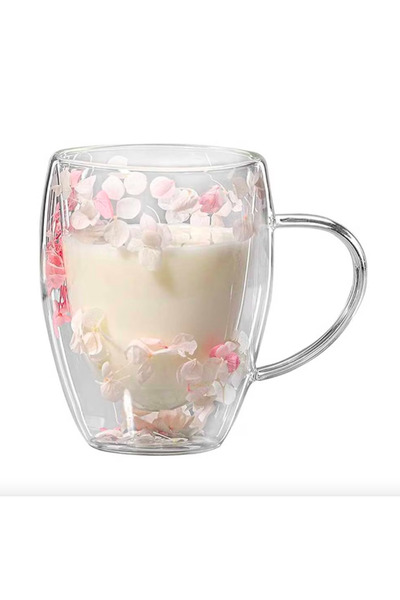OEM Dried flower mug, double wall, borosilicate glass, thermal insulation, 250 ml, transparent, pink