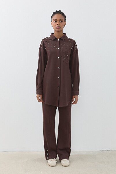 Nihan Cupra Süet Pantolon Tunik Takım Kahve