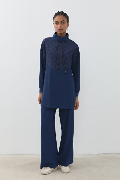 Nihan İnce Kapitone Garnili Örme Pantolon Tunik Takım Lacivert