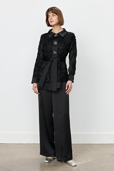 Nihan Dantelli Saten Pantolon Ceket Takım Siyah