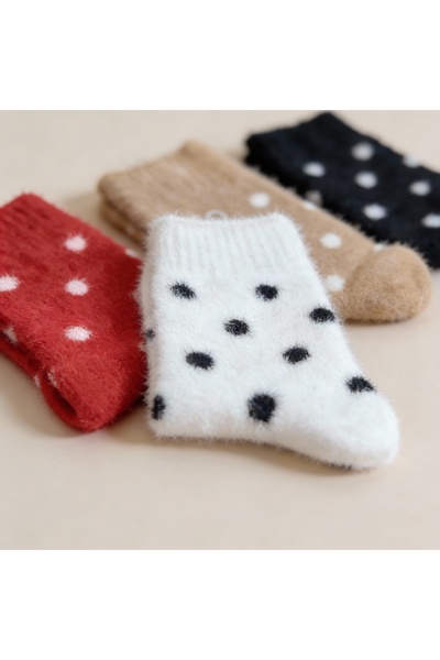 POKUT Peluş Puantiyeli Yumuşacık Kışlık Çorap 4'lü Set Kadın Termal Ev Çorabı