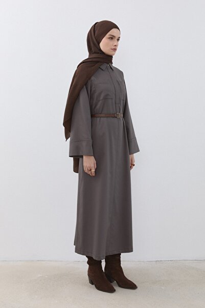 Nihan Denim Görünümlü Kemerli Elbise Füme