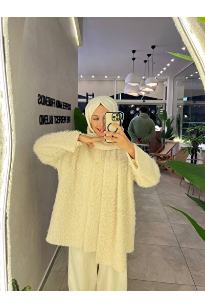 PİNK FLY Buttoned Plush Angora Coat Cardigan with Scarf