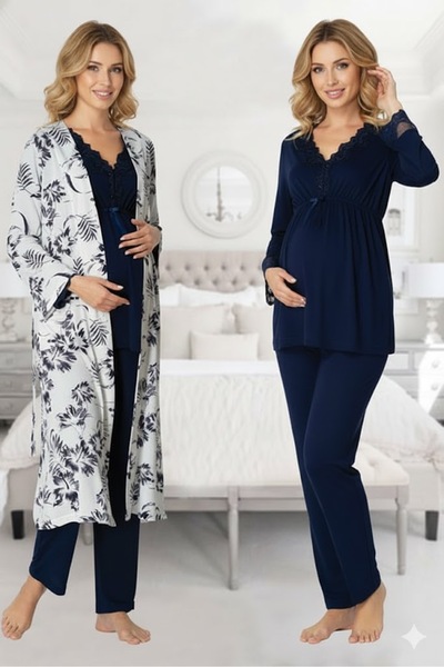 LOHOUSE طقم بيجامة نسائية طويلة الأكمام منقوشة للحوامل مكونة من 3 قطع