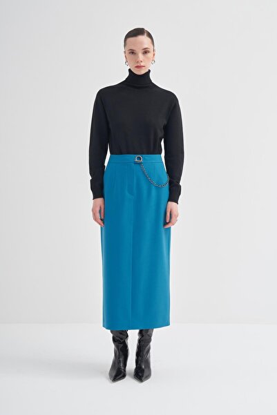 BİRELİN Zincir Detaylı Yün Etek Turkuaz