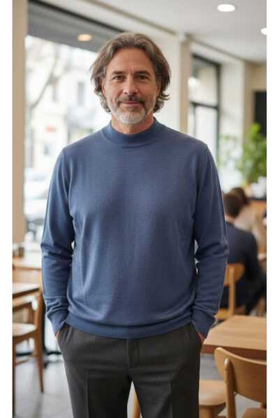 güncüoğlu Half Fisherman Thin Wool Bottom Part and Sleeves with Ribbed (Elastic) Thin Wool Men's Sweater