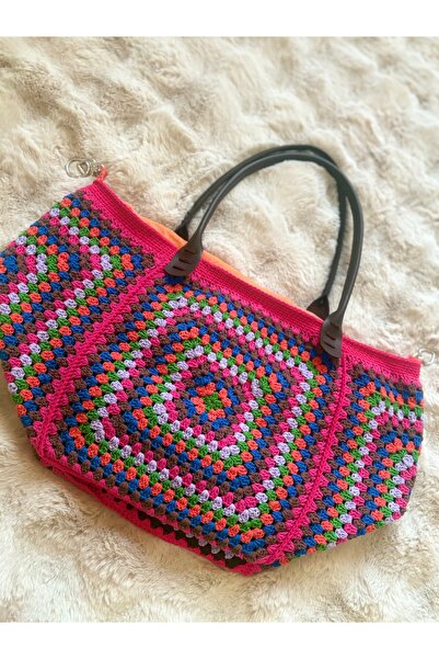 simarikcraft Renkli Motifli Örgü El Çantası – Astarlı, Deri Saplı, El Yapımı