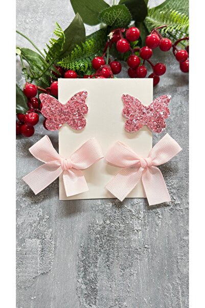 Toka Perisi Cleo Pembe Toka Seti ( kurdele Fiyonk Glitter Kelebek 3.2 Metal K...