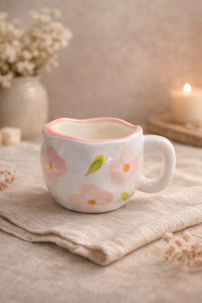 selvi wear Flower Patterned Ceramic Coffee Cup – Stylish Design with Hand-Pai...