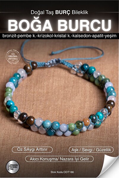 OSMANLI DEĞERLİ TAŞ Certified Bronzite-Chrysocolla-P.&K. Quartz-Chalcedony-Apatite-Jade Taurus Zodiac Natural Stone Bracelet Odt186